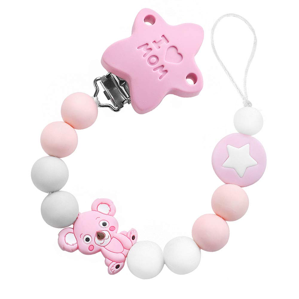 Personalized Pacifier Chain - Pink & White Silicone Beads, Heart & Rose Design For Girls